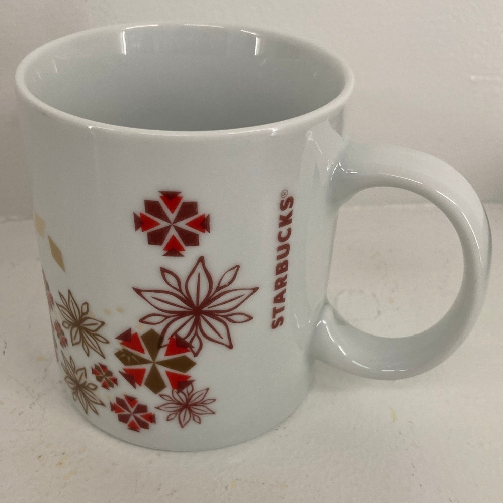 Starbucks Christmas Holiday Snowflake Star Ceramic Coffee Mug White Red Gold